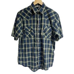 Western Frontier Men Blue Plaid Button Down Shirt Pearl Snap Buttons Large